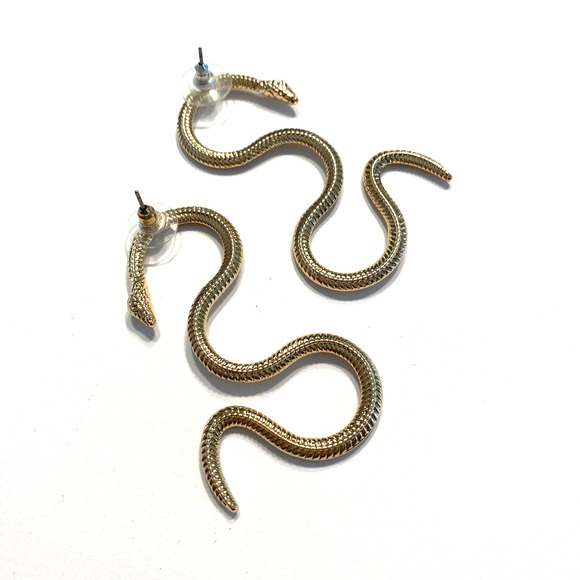 Gold Snake Shaped Pierced Earrings Fashion Statement Long Goth Wicken Jewelry - Picture 4 of 5